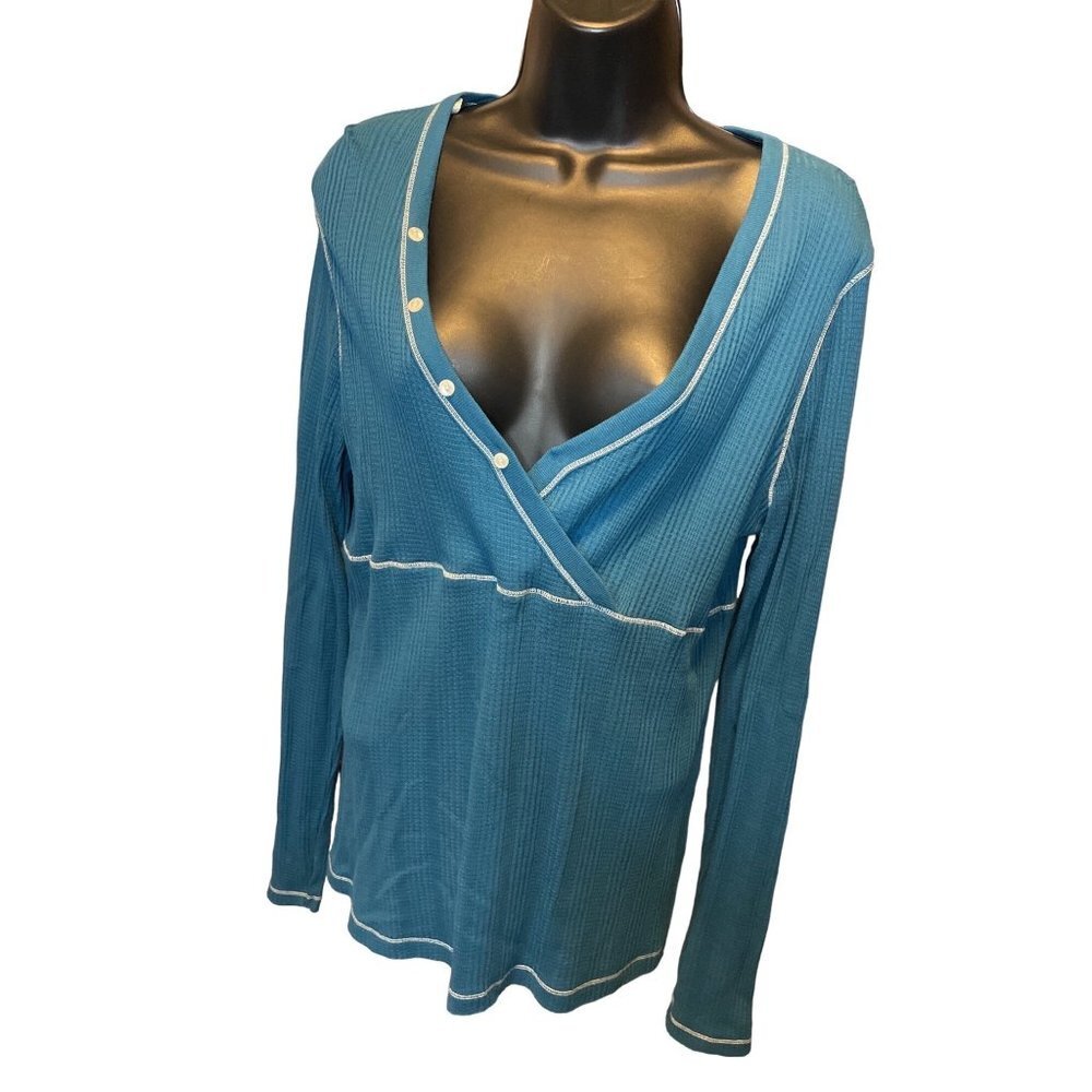 Currants Blue V Neck Waffle Texture Long Sleeved T Shirt Sz XL